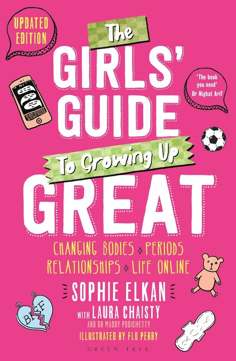 Buchtitel: "The Girls' Guide to Growing Up Great". Pinker Hintergrund, Illustrationen: Handy, Teddybär, Fußball, Herz.