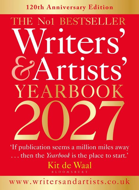 "120th Anniversary Edition", "The No1 Bestseller", "Writers' & Artists' Yearbook 2027", Zitat von Kit de Waal, rote Hintergrundfarbe.