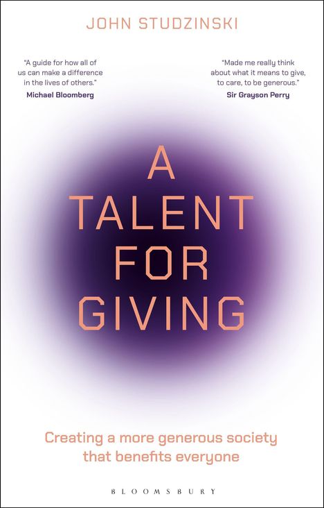 "A Talent for Giving" steht zentral in einem violetten Kreis mit weißem Hintergrund. Oben der Name John Studzinski. Quotes links und rechts.