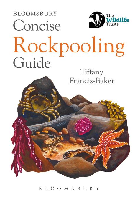 Text: "Concise Rockpooling Guide" von "Tiffany Francis-Baker", mit Illustrationen von Meereslebewesen und einem Tierlogo.
