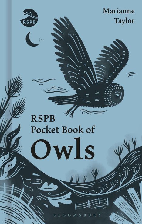"RSPB Pocket Book of Owls" von Marianne Taylor, Illustration einer fliegenden Eule bei Nacht mit Mond und Sternen.