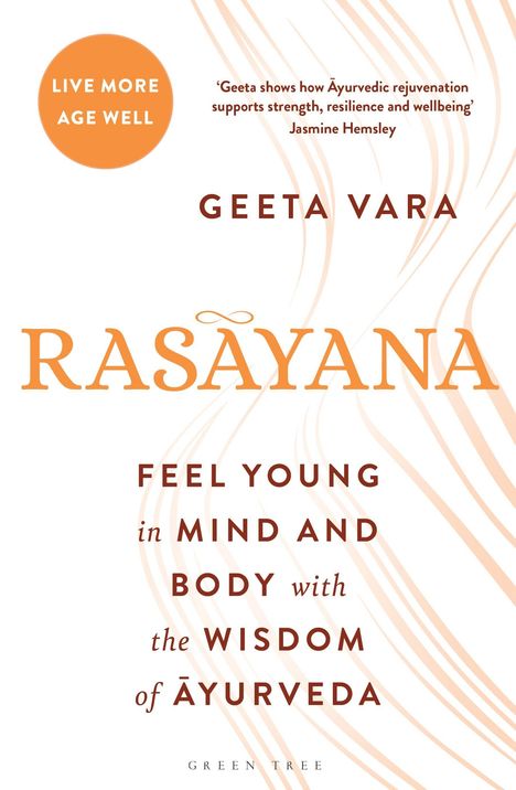 "Live More Age Well" in einem orangefarbenen Kreis. Darunter "Rasāyana" und Text über Ayurveda. Abstrakte Linien im Hintergrund.