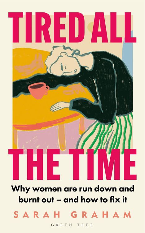 Text: "Tired All the Time", "Why women are run down and burnt out – and how to fix it", "Sarah Graham", "Green Tree". Illustration: Eine Person liegt erschöpft auf einem Tisch mit einer Tasse.