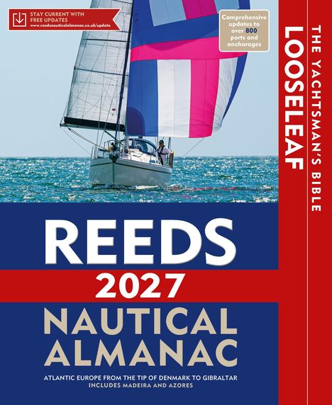 Reeds 2027 Nautical Almanac. Darstellung eines Segelboots auf offener See mit bunten Segeln.