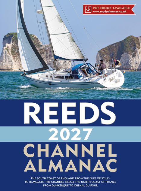 Oben steht "PDF EBOOK AVAILABLE". "REEDS 2027 CHANNEL ALMANAC" mit Segelboot auf Wasser vor Klippen.