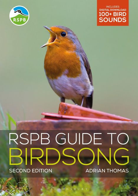 Auf grünem Hintergrund ein Rotkehlchen, das singt. Oben links ein rundes Logo, oben rechts Text über Vogelstimmen-Download.
