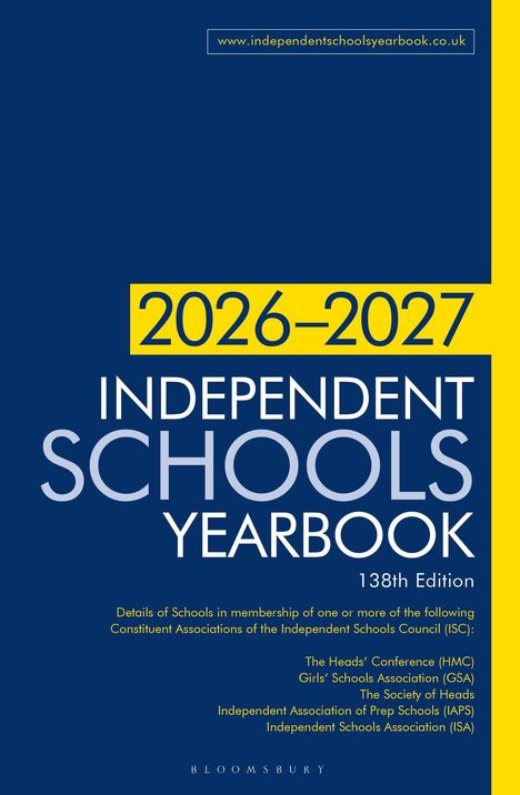 2026-2027 Independent Schools Yearbook, 138th Edition. Blauer Hintergrund, gelber Textabschnitt oben und unten.