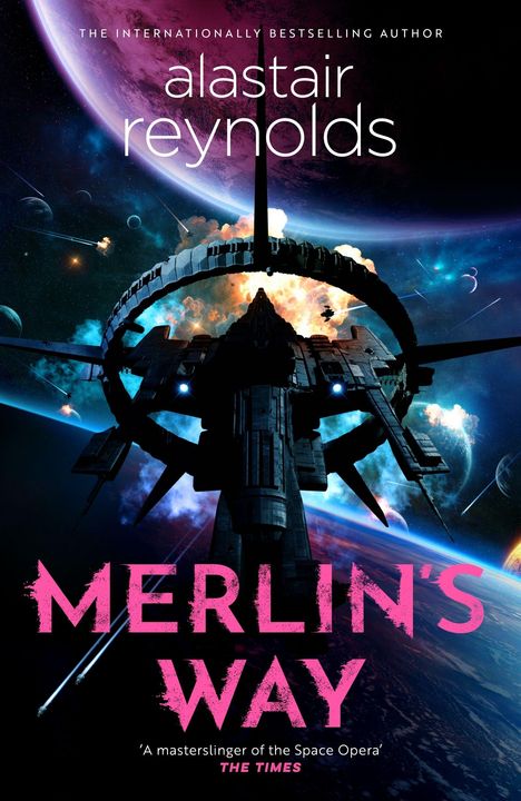 "MERLIN'S WAY" in kräftigem Pink, darunter "A masterslinger of the Space Opera" von "THE TIMES". Sci-Fi-Szene mit Raumstation.