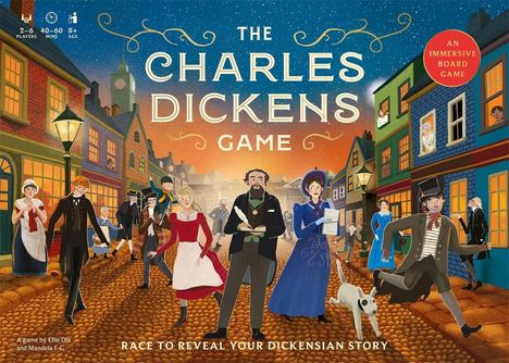 "THE CHARLES DICKENS GAME" ist zentral platziert. Lebendige Straßen voll viktorianisch gekleideter Menschen, warm beleuchtet.