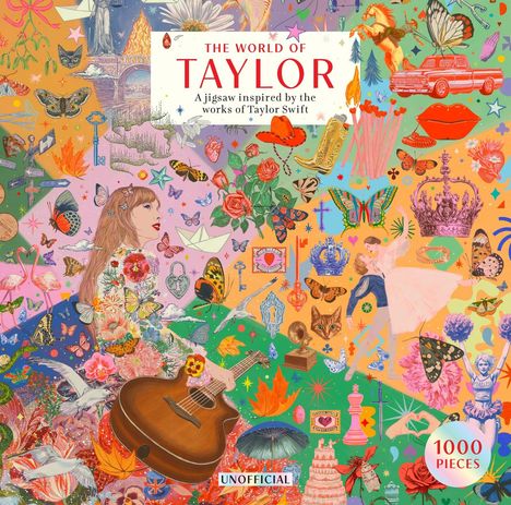 "The World of Taylor," inspiriert von Taylor Swifts Werken, 1000 Teile. Bunte Illustration mit Gitarren, Schmetterlingen und Blumen.