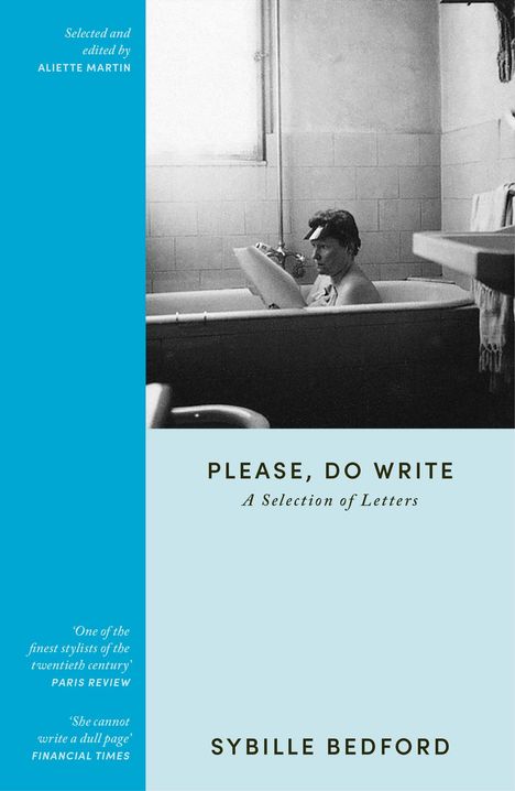 Text: "PLEASE, DO WRITE: A Selection of Letters." Foto: Person in einer Badewanne, rechts hellblauer Bereich.
