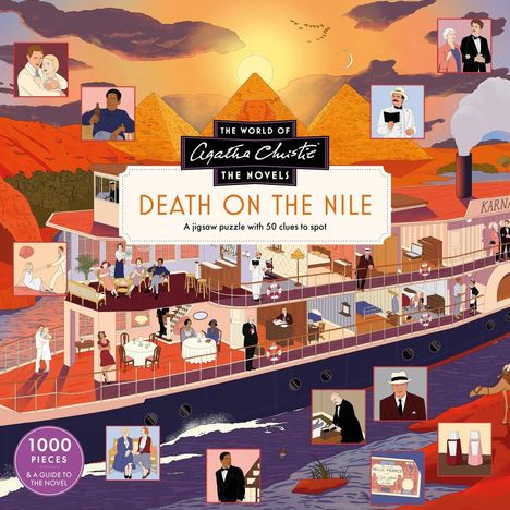 "Death on the Nile", Puzzle mit 1000 Teilen und 50 Hinweisen, zeigt ein Kreuzfahrtschiff vor ägyptischen Pyramiden.