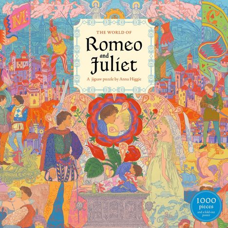 Text: "The World of Romeo and Juliet", "A jigsaw puzzle by Anna Higgie", "1000 pieces and a fold-out poster". Illustration von Figuren vor einer mittelalterlichen Stadt.