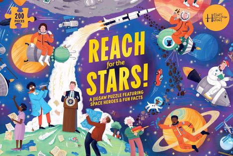 „REACH for the STARS! A Jigsaw Puzzle Featuring Space Heroes & Fun Facts“. Bunte Illustration mit Astronauten im Weltraum.
