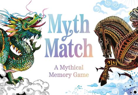 "Myth Match: A Mythical Memory Game" steht in der Mitte. Links ein bunter Drache, rechts ein detailreiches Pferd.