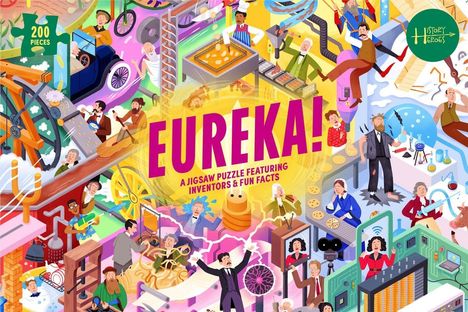 Titel: "EUREKA! A Jigsaw Puzzle Featuring Inventors & Fun Facts". Illustration mit Erfindern und Entdeckungen.
