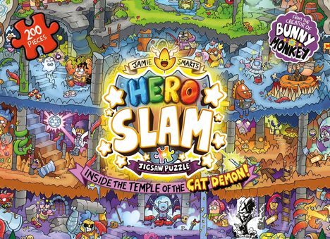 „200 Pieces“, „Jamie Smart's Hero Slam“, „Inside the Temple of the Cat Demon“. Bunte Illustration mit Comicfiguren.