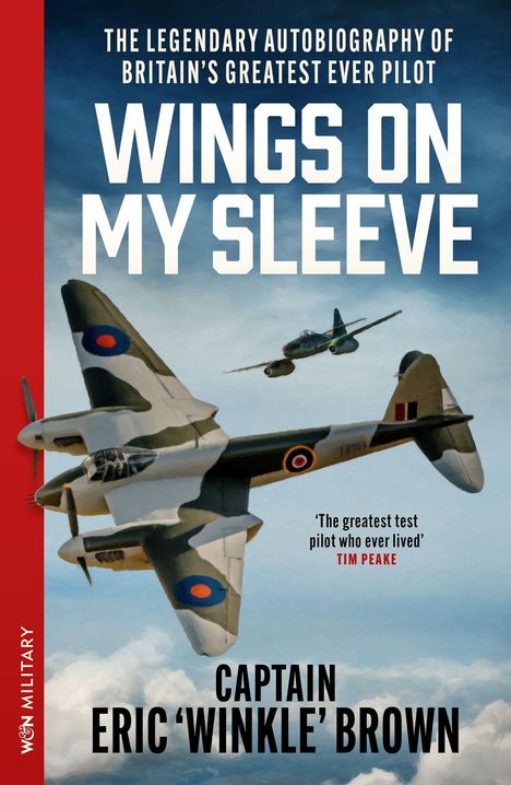 Buchtitel: "Wings on My Sleeve". Daneben ein Flugzeuggemälde mit zwei Militärflugzeugen im Flug. Links ein roter Streifen mit Text.