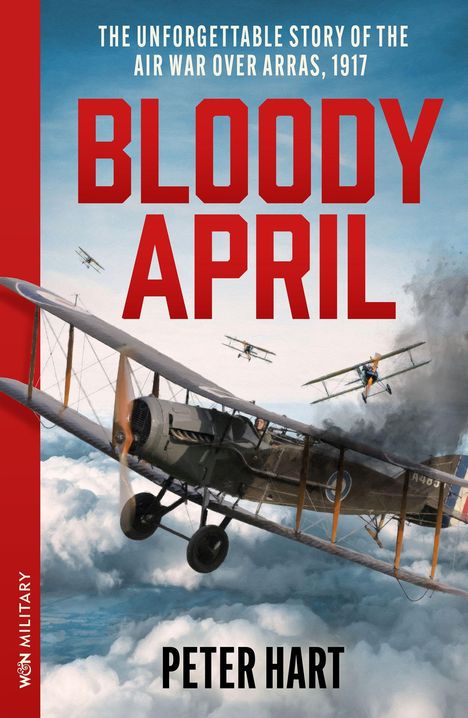 „The unforgettable story of the air war over Arras, 1917“ steht über „Bloody April“. Im Hintergrund Kampfflugzeuge.