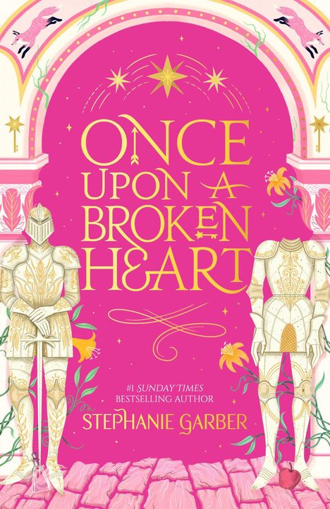 "Once Upon a Broken Heart". Zwei gerüstete Ritter neben dekorativen Säulen, umrahmt von pink und goldenen Sternen.