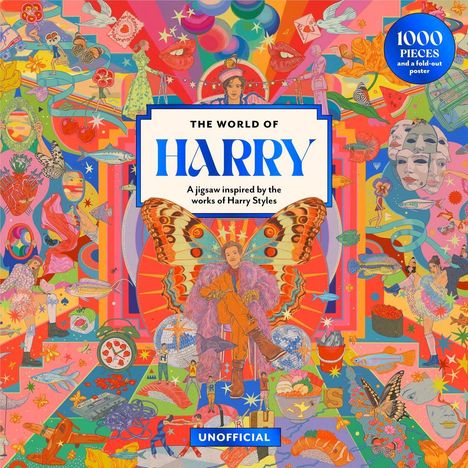 "The World of Harry. A jigsaw inspired by the works of Harry Styles. Unofficial. 1000 pieces. Bunte Illustration mit vielseitigen Motiven."