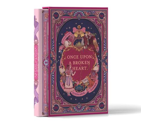 Buchcover mit dem Titel "Once Upon a Broken Heart" von Stephanie Garber, umrahmt von fantasievollen Illustrationen.