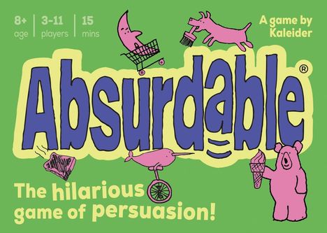 „Absurdable“ hervorhebt, darunter spielerische Illustrationen eines rosa Mondes, Hundes und Narwals. Verspielte Gestaltung.
