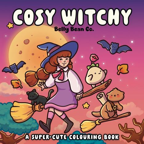 „COSY WITCHY“, „Belly Bean Co.“, „A Super-Cute Colouring Book“. Eine Hexe fliegt auf einem Besen, umgeben von Tieren.