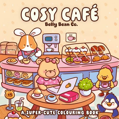 Oben: "Cosy Café" und "Belly Bean Co." Niedlich gezeichnete Tiere in einem Café mit Kaffee und Gebäck.