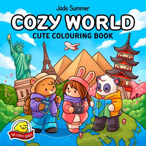 „Jade Summer Cozy World Cute Coloring Book.“ Illustration mit Bär, Mädchen und Panda vor berühmten Wahrzeichen.
