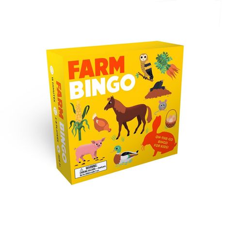 "FARM BINGO", hellgelber Hintergrund, Illustrationen von Farmtieren und Pflanzen, geeignet für Kinder ab 3 Jahren.