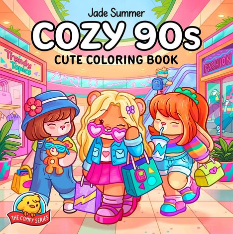"Jade Summer Cozy 90s Cute Coloring Book" zeigt drei niedliche Tiere im Einkaufszentrum, farbenfroh und fröhlich.