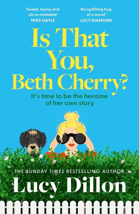 „Is That You, Beth Cherry?“ steht in gelber Schrift auf blauem Hintergrund mit Frau und Hund hinter grünen Büschen.