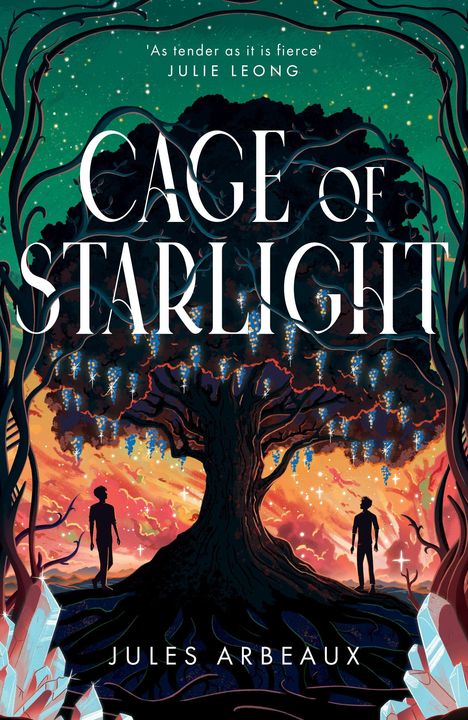 „Cage of Starlight“ von Jules Arbeaux. Silhouetten stehen neben einem großen, leuchtenden Baum vor buntem Himmel.