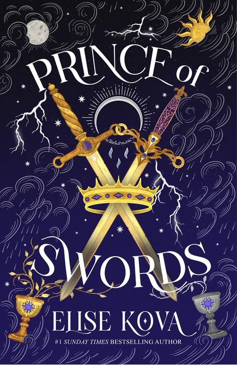 „PRINCE of SWORDS“ und „Elise Kova“ mit Schwertern, Krone, Sonne und Mond auf dunkelblauem Hintergrund.