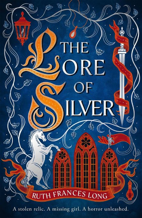 Buchtitel: "The Lore of Silver". Autor: Ruth Frances Long. Verzierungen: Pferd, Dolch, Fenster, Laterne, Ranken.