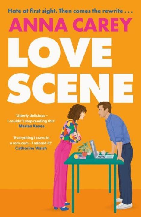 Text oben: "Hate at first sight. Then comes the rewrite..."  
Titel: "LOVE SCENE"  
Frau und Mann stehen sich am Tisch gegenüber.