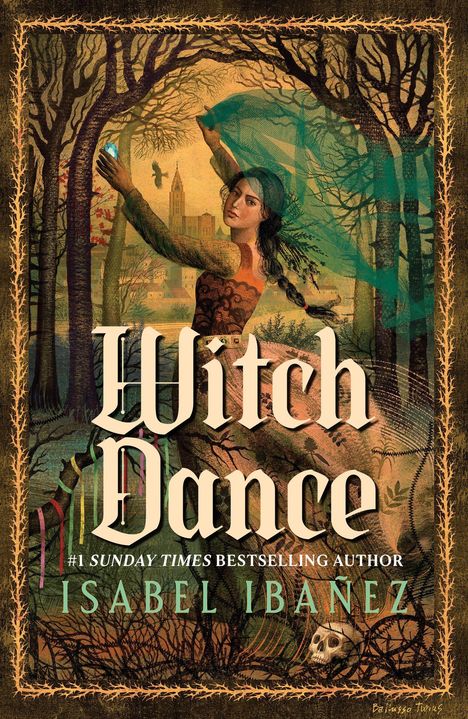 "Witch Dance", #1 Sunday Times Bestselling Author Isabel Ibañez. Illustration einer Frau im Wald mit einem Tuch.