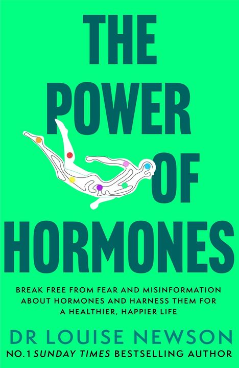 „THE POWER OF HORMONES“ steht groß. Darunter ein stilisierter Körper mit farbigen Punkten. Autor: Dr. Louise Newson.