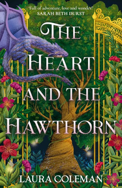 „The Heart and the Hawthorn“ von Laura Coleman. Ein lila Drache windet sich um einen Baum, umgeben von Blumen.