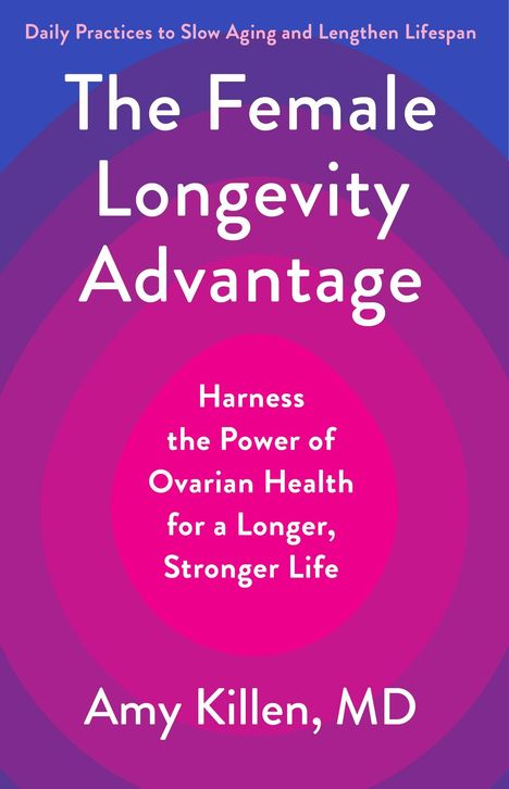 „The Female Longevity Advantage“: Nutze die Kraft der Eierstockgesundheit. Farben: Blau, Rosa, Violett.