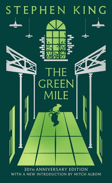 "THE GREEN MILE" von Stephen King. Illustration: Ein langer grüner Korridor mit Maus, Fenster und Lampen.