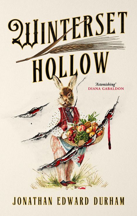 "Winterset Hollow" und "Jonathan Edward Durham". Ein Hase in Kleidung mit Früchtekorb, zerfetzt von Krallenspuren.