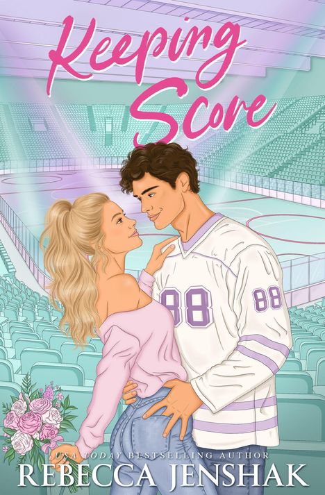 Text "Keeping Score", Illustration eines Paares in einem leeren Hockey-Stadion, sie hält Blumen.