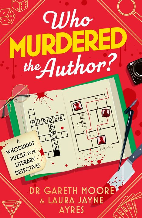 „Who Murdered the Author?“ über einem aufgeschlagenen Buch mit Kreuzworträtsel und Grundriss. Weitere Details: Brille, Dolch.