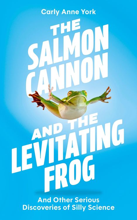 Titel: "The Salmon Cannon and the Levitating Frog". Ein Frosch schwebt vor einem blauen Hintergrund.