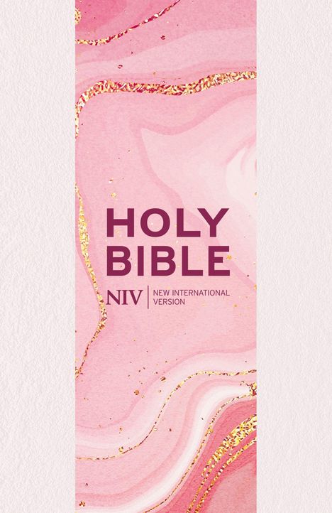 Texte: "HOLY BIBLE", "NIV NEW INTERNATIONAL VERSION". Hintergrund: Rosa Marmorierung mit goldenen Linien.