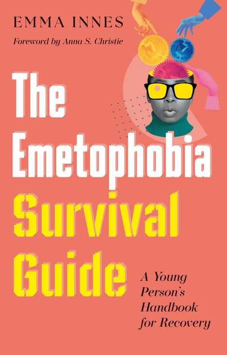 Der Text "The Emetophobia Survival Guide" auf einem orangefarbenen Hintergrund mit einer stilisierten Person, Zahnrädern und Händen.
