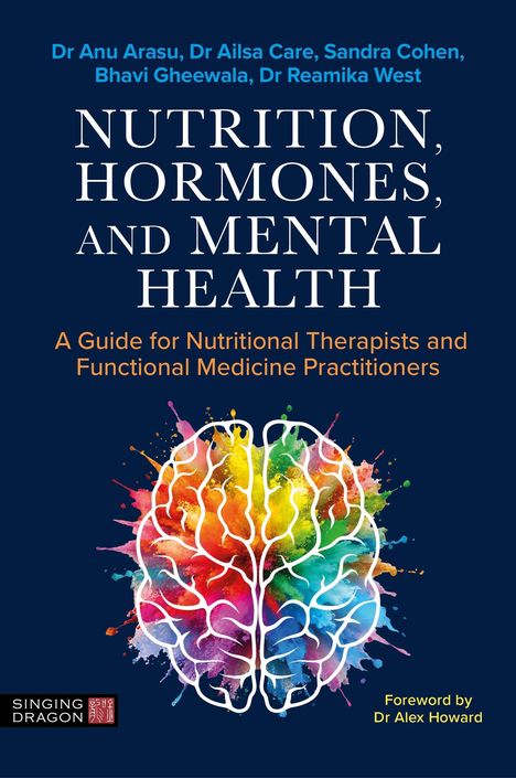 Buchtitel: „Nutrition, Hormones, and Mental Health“. Bunte Illustration eines Gehirns vor dunklem Hintergrund.