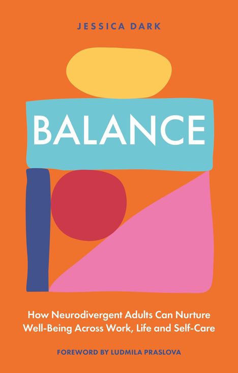 Titel: BALANCE. Autor: Jessica Dark. Bunte geometrische Formen auf orangefarbenem Hintergrund.